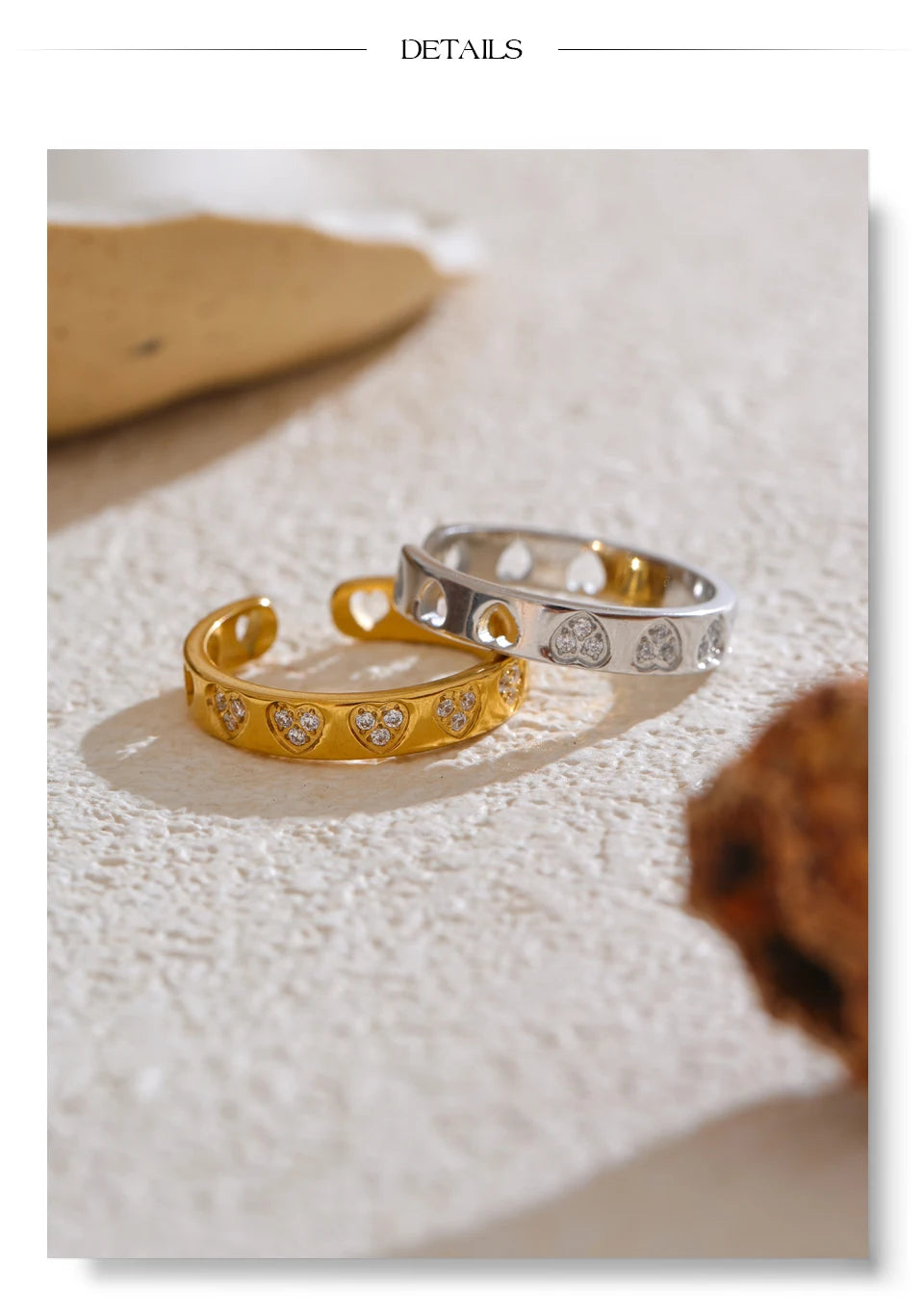 Cubic zirconia heart ring in gold-plated stainless steel with cubic zirconia.