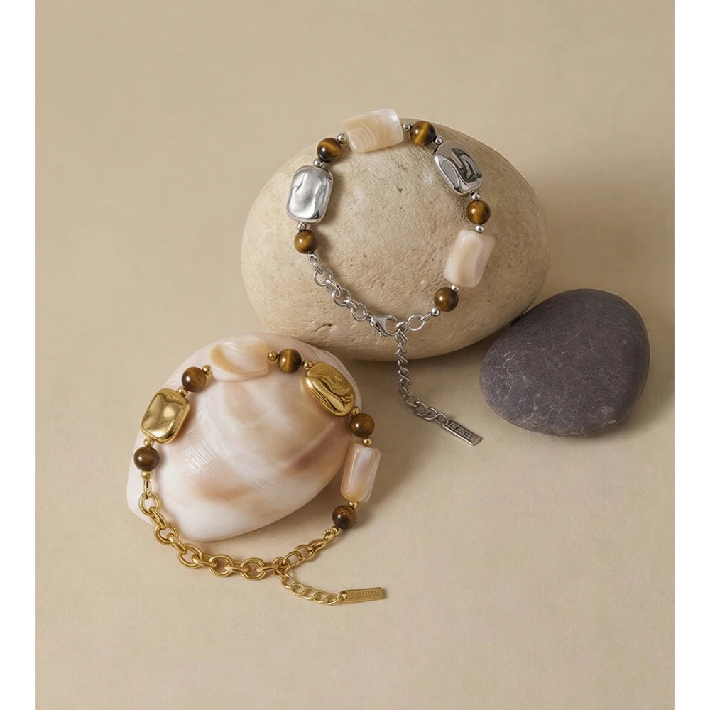 Shell Natural Stone Geometric Bracelet — Gold-Plated Stainless Steel with Natural Stone and Shell · PS1170