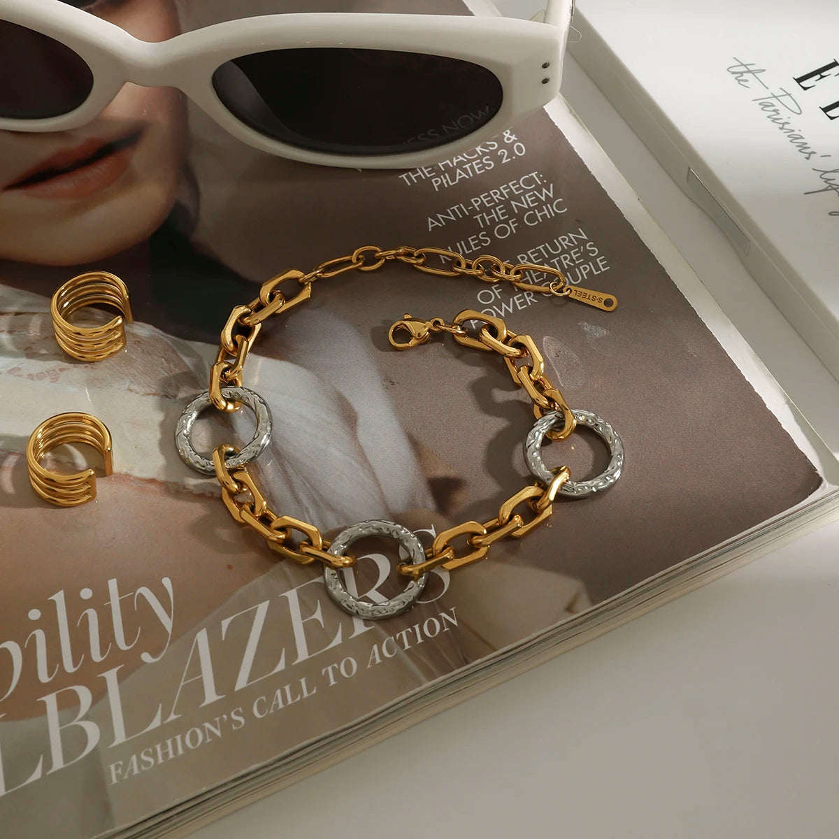Two-Tone Link Charm Bracelet Stack — Stainless Steel · PS036