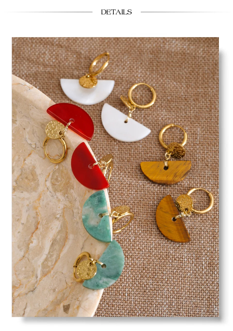 Natural stone geometric earrings in gold-plated stainless steel with natural stone.