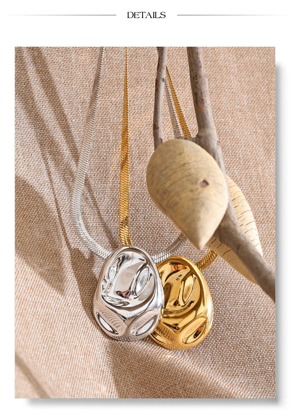 Hammered geometric necklace in gold-plated stainless steel.