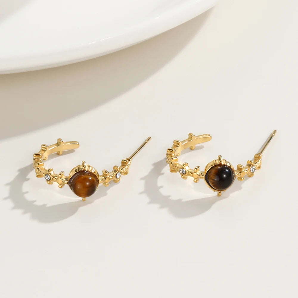 Hoop Earrings Amber Natural Stone Crystal Irregular — 316L Stainless Steel · PS480
