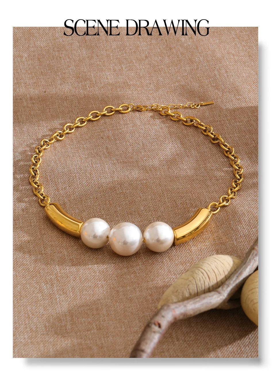 Pearl beaded geometric necklace in gold-plated stainless steel with pearl.