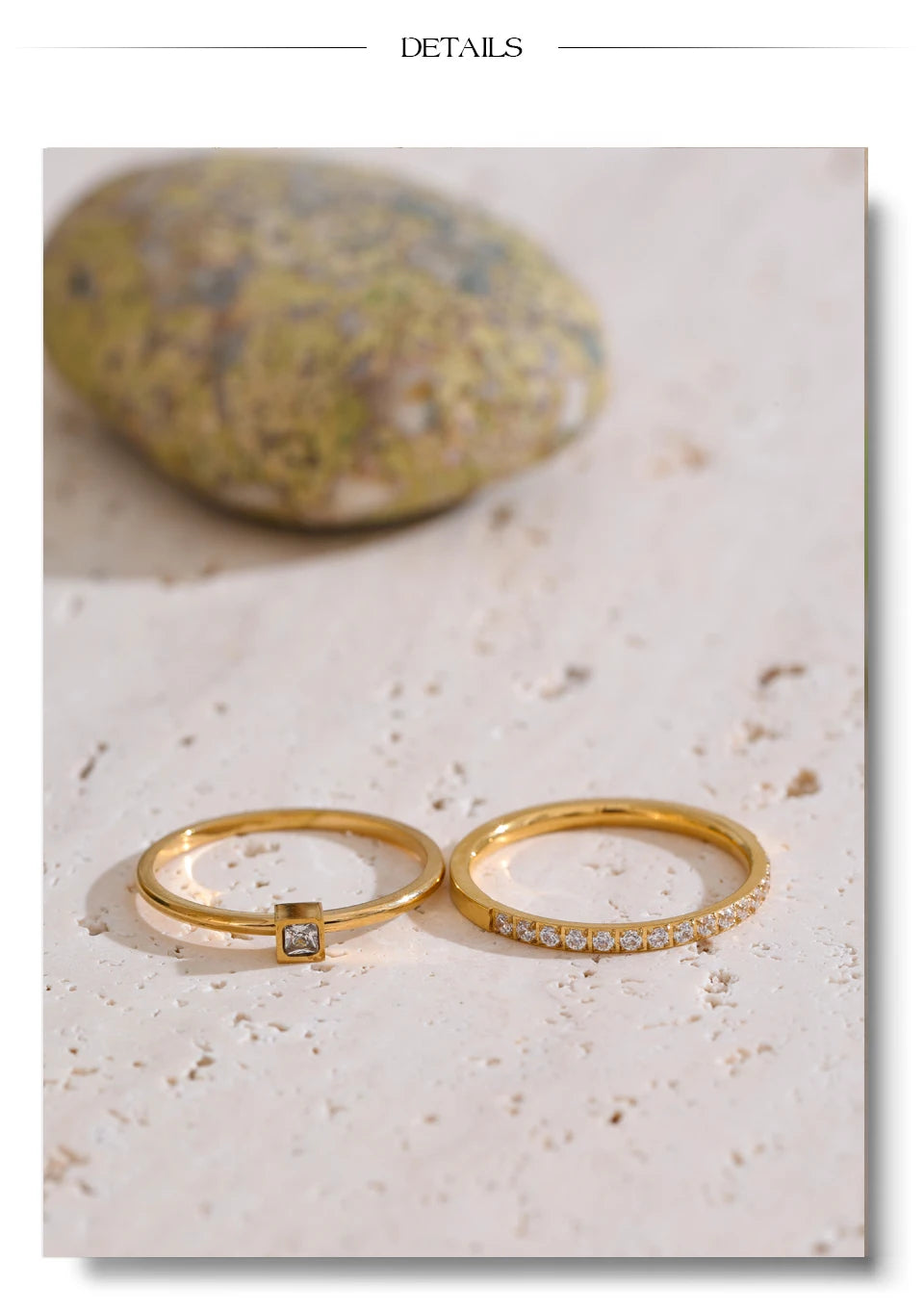Cubic zirconia geometric ring in 18K gold-plated stainless steel with cubic zirconia.