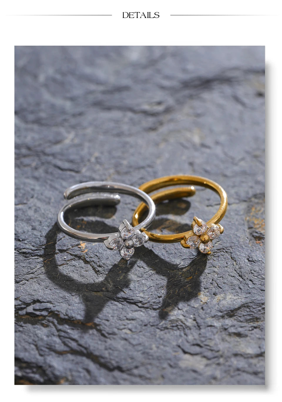 Cubic zirconia flower ring in gold-plated stainless steel with cubic zirconia.