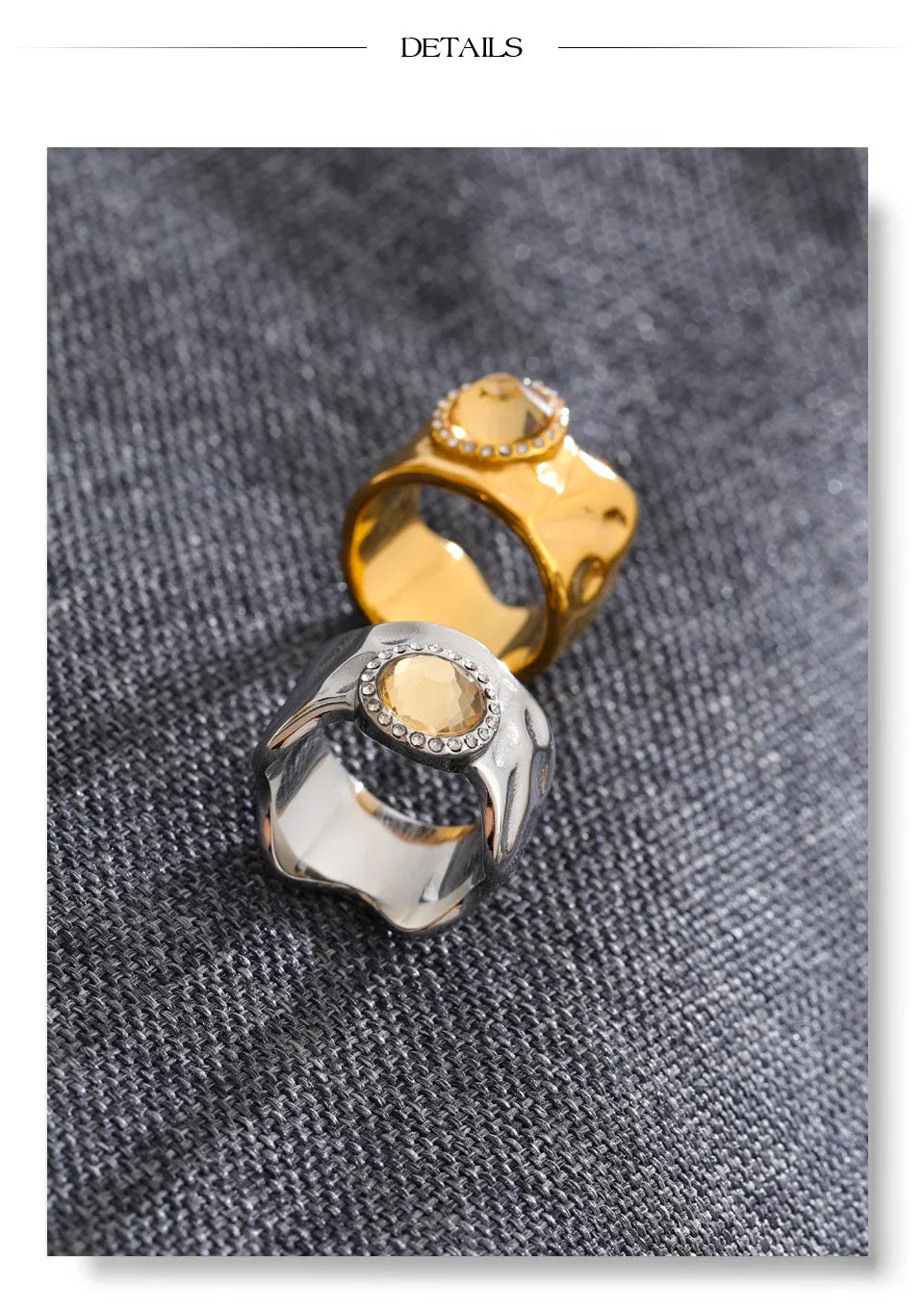 Cubic zirconia geometric ring in 18K gold-plated stainless steel with cubic zirconia.