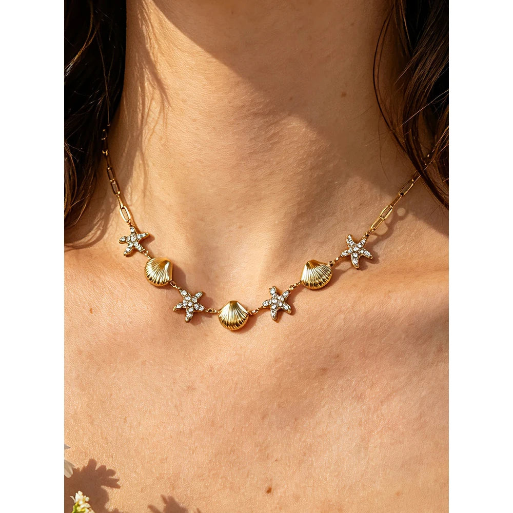 Necklace Starfish Shell Choker Beach Vacation — 316L Stainless Steel · PS398