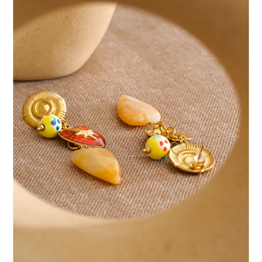 Enamel Natural Stone Heart Earrings — Gold-Plated Stainless Steel with Natural Stone and Enamel · PS1075