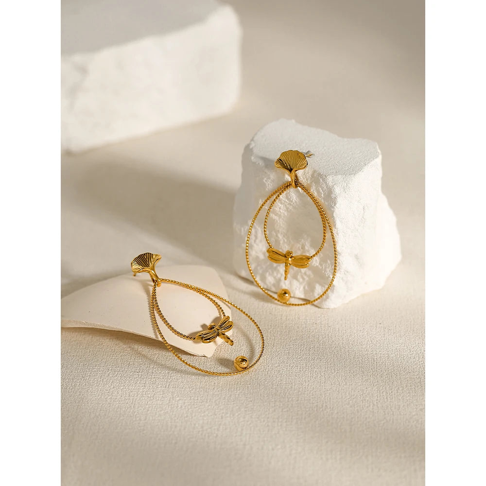 Drop Earrings Dragonfly Ginkgo Leaf — 316L Stainless Steel · PS395