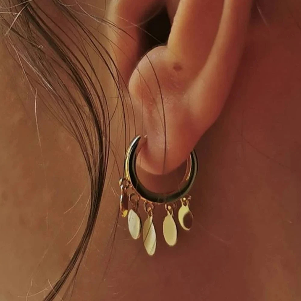Leaf Charm Hoop Earrings — Stainless Steel · PS098