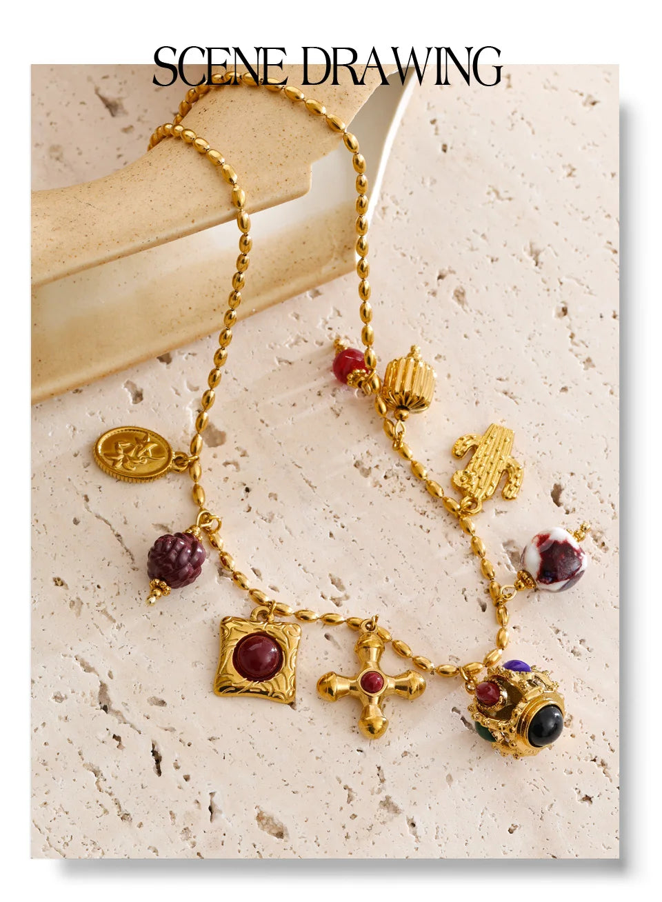 Resin acrylic cross necklace in gold-plated stainless steel with resin and acrylic.