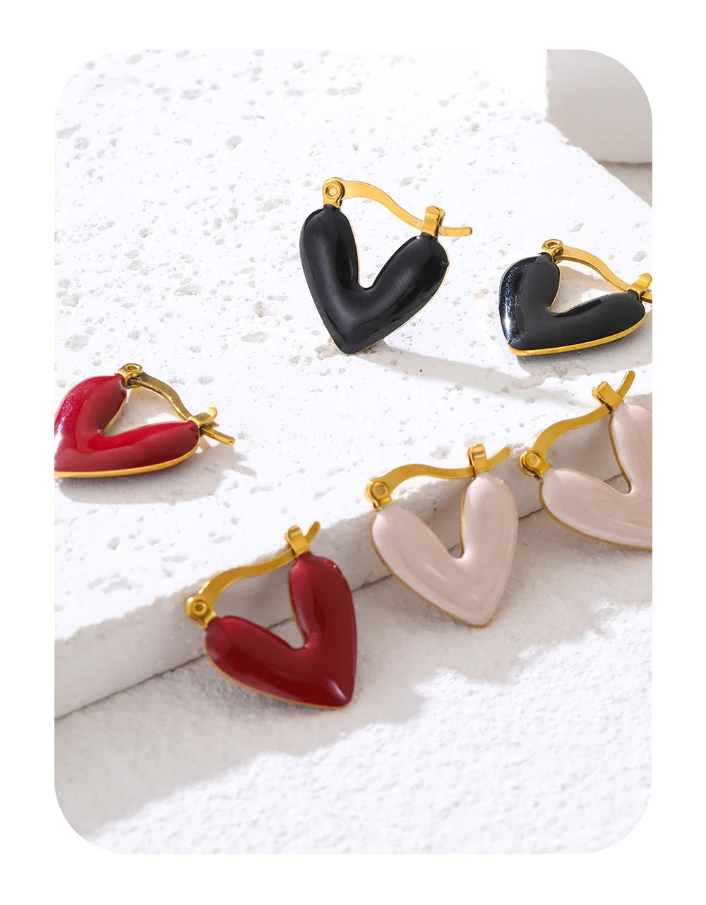 Hoop Earrings Heart Pink Black Red Enamel Vintage — 316L Stainless Steel · PS393