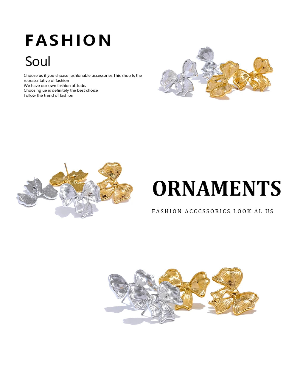 Bow earrings in gold-plated stainless steel.