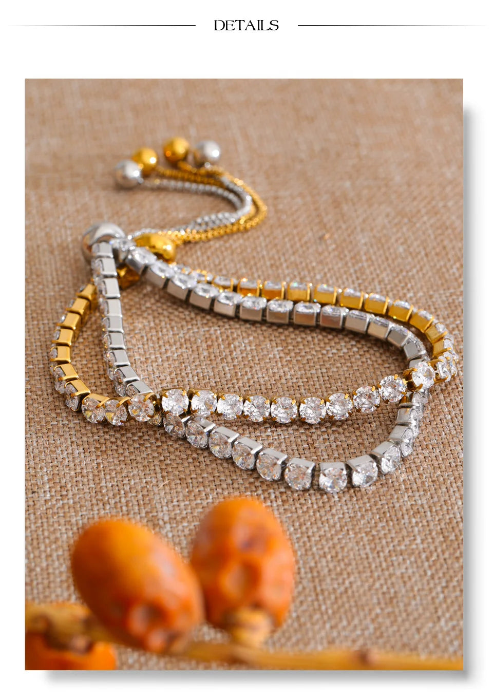 Cubic zirconia geometric bracelet in gold-plated stainless steel with cubic zirconia.