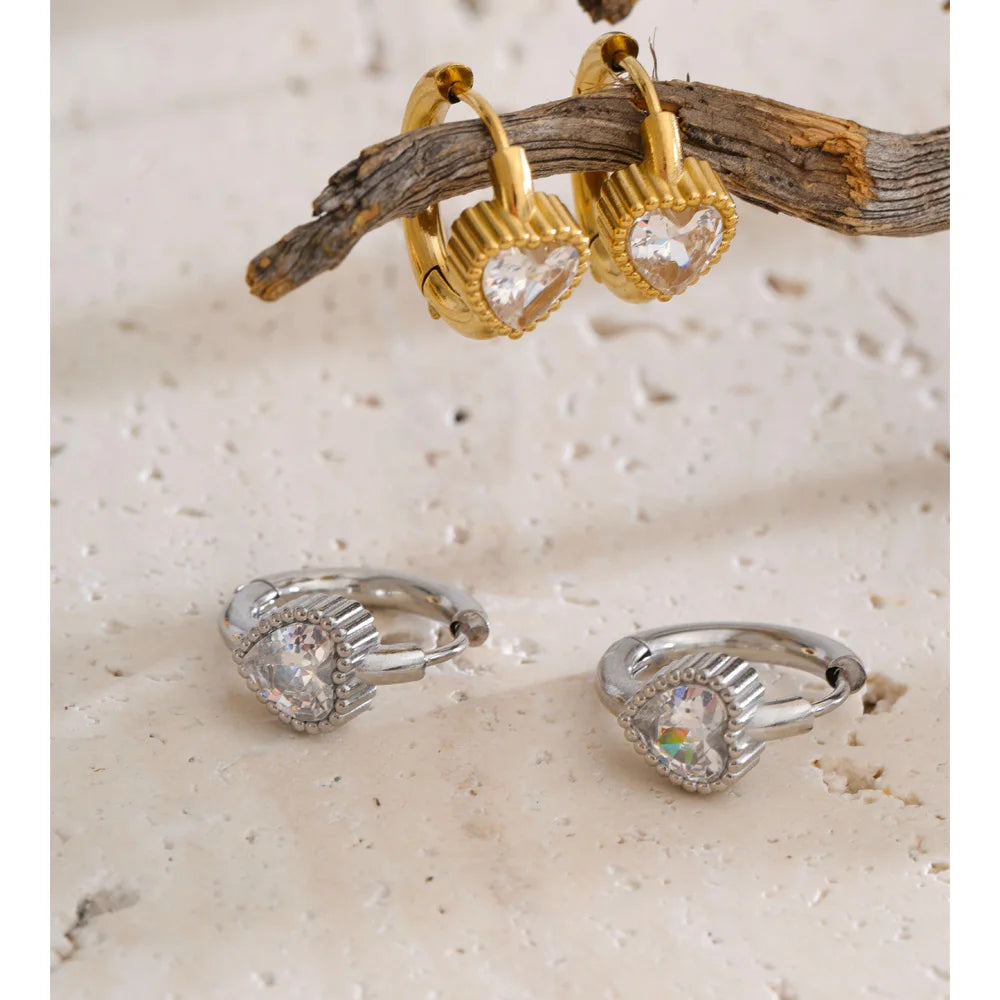 Cubic Zirconia Heart Earrings — 14K Gold-Plated Stainless Steel with Cubic Zirconia · PS1419