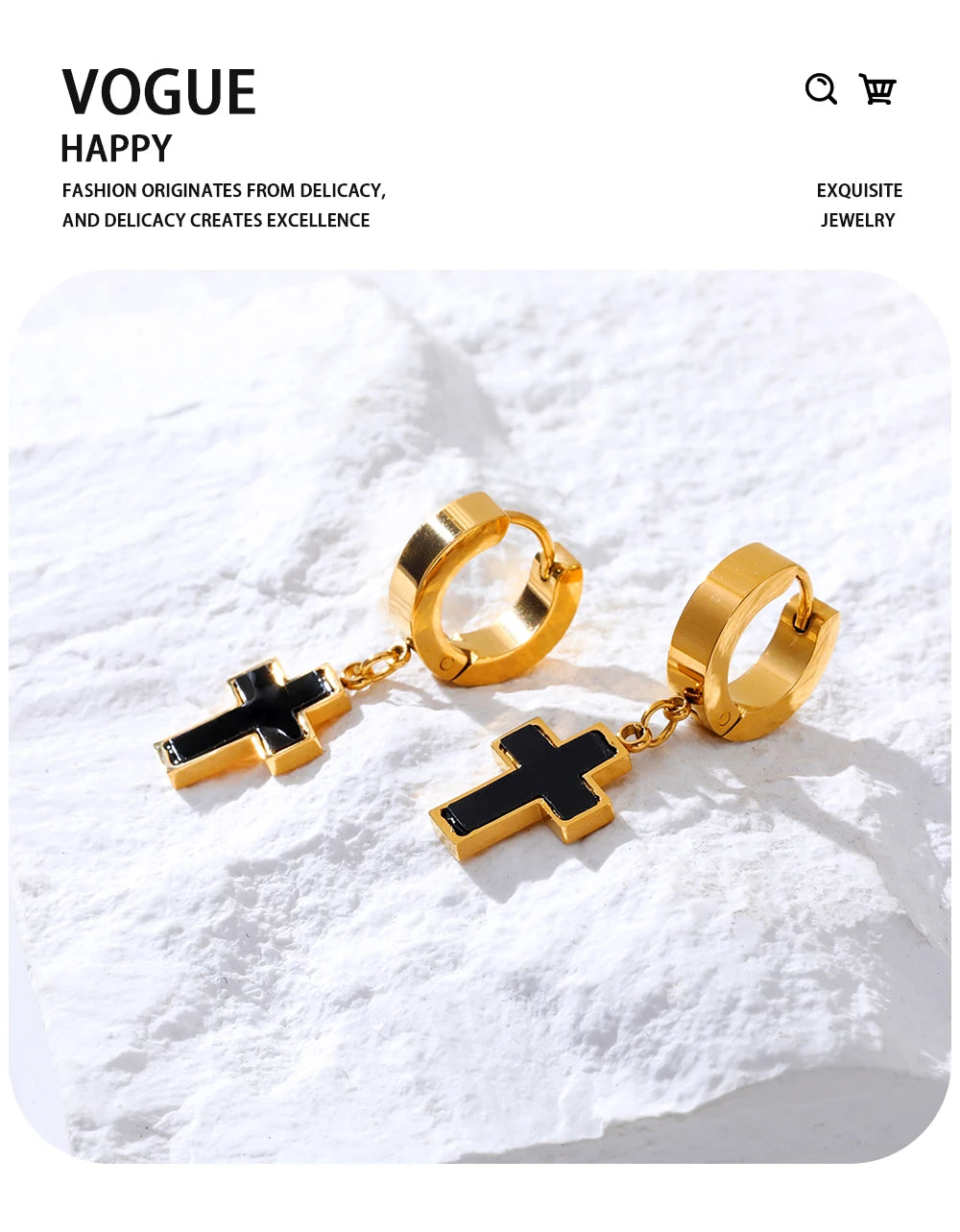 Cross Huggie Earrings Black Acrylic Charm — 316L Stainless Steel · PS456