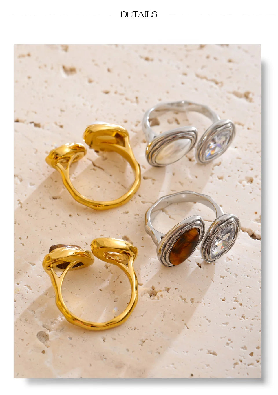 Cubic zirconia geometric ring in 18K gold-plated stainless steel with cubic zirconia.