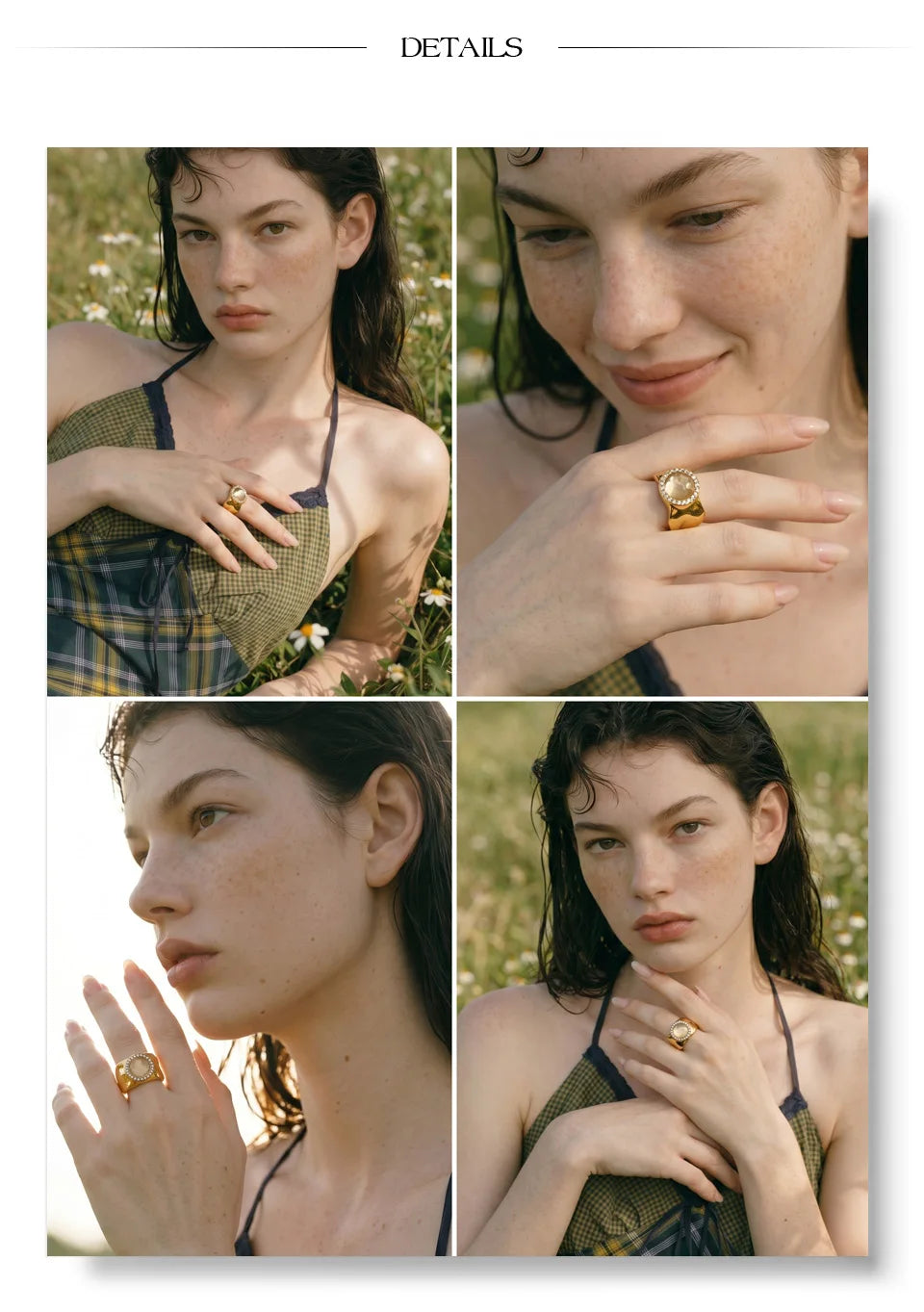Cubic zirconia geometric ring in 18K gold-plated stainless steel with cubic zirconia.