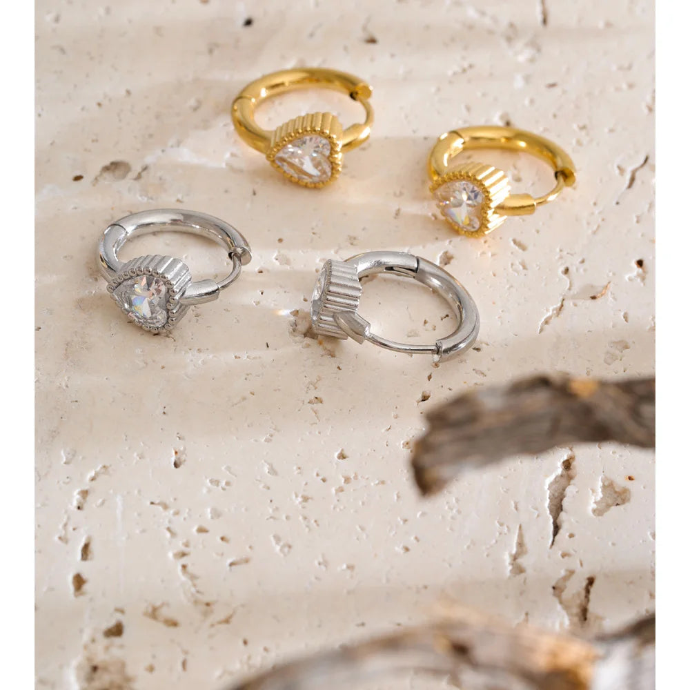 Cubic Zirconia Heart Earrings — 14K Gold-Plated Stainless Steel with Cubic Zirconia · PS1419