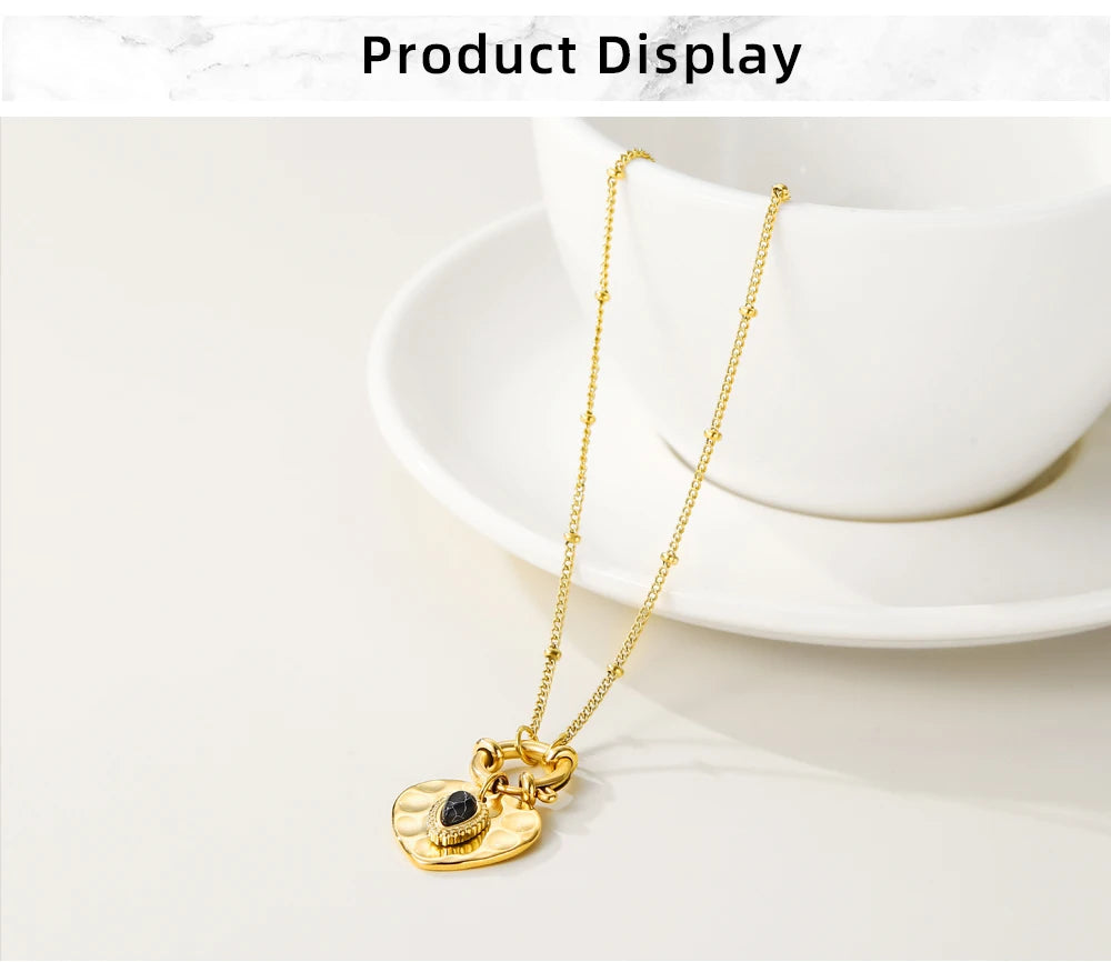 Heart Pendant Necklace Black Natural Stone Metal Texture — 316L Stainless Steel · PS467