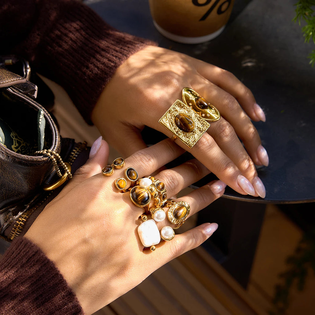 Tiger Eye Stone Ring — Stainless Steel · PS350