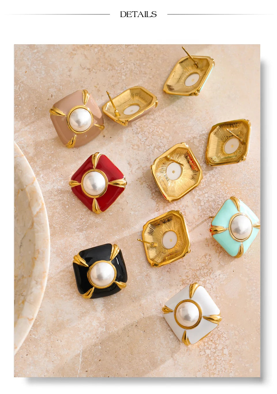 Pearl enamel multi-color earrings in gold-plated stainless steel with pearl and enamel.