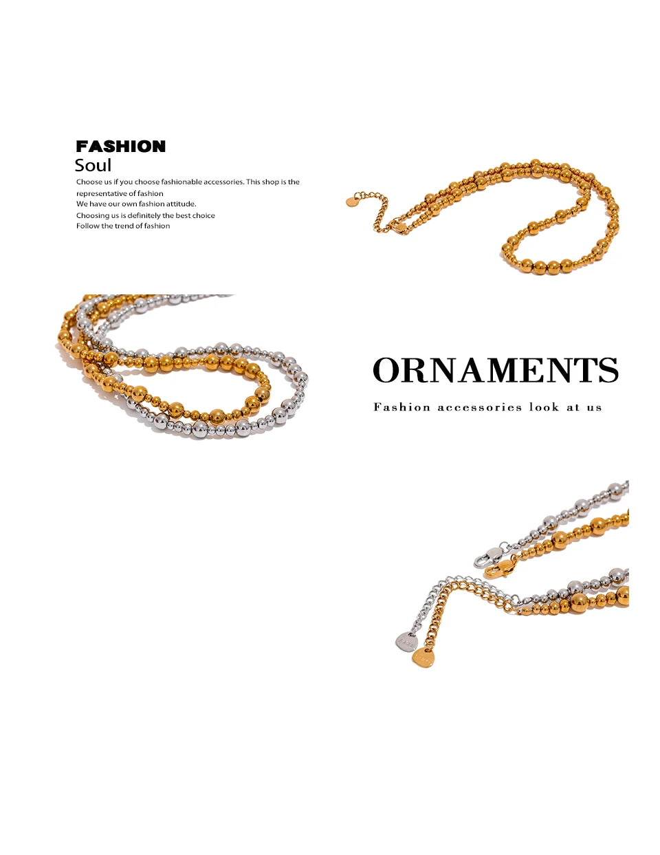 Beaded geometric chain necklace in gold-plated stainless steel.