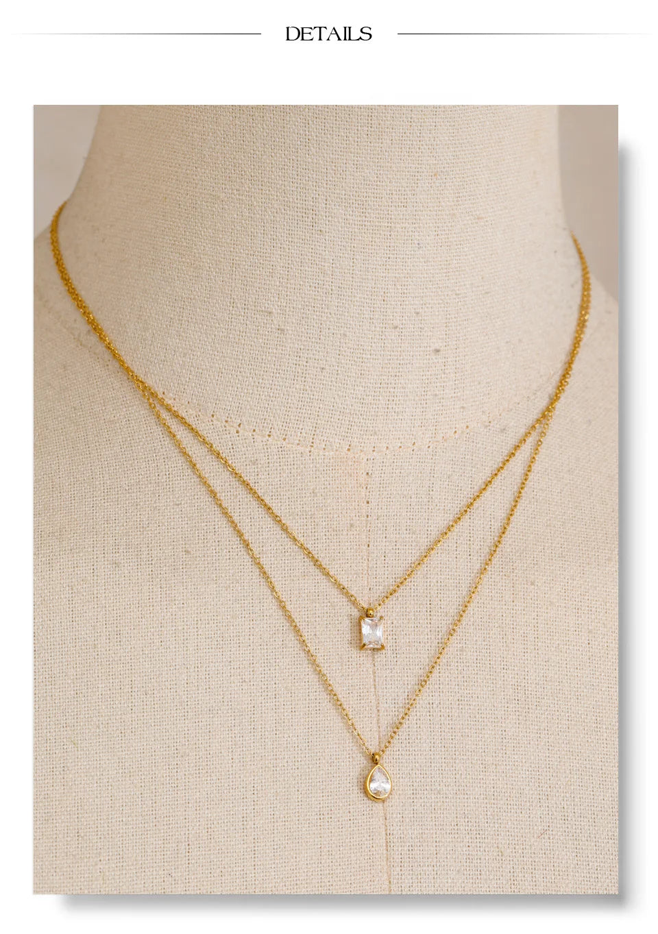 Cubic zirconia geometric layered necklace in gold-plated stainless steel with cubic zirconia.