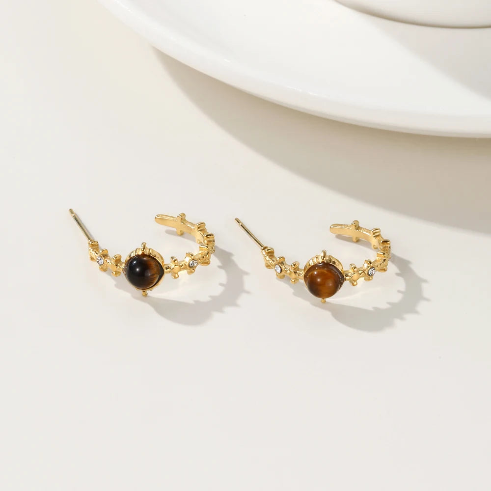 Hoop Earrings Amber Natural Stone Crystal Irregular — 316L Stainless Steel · PS480