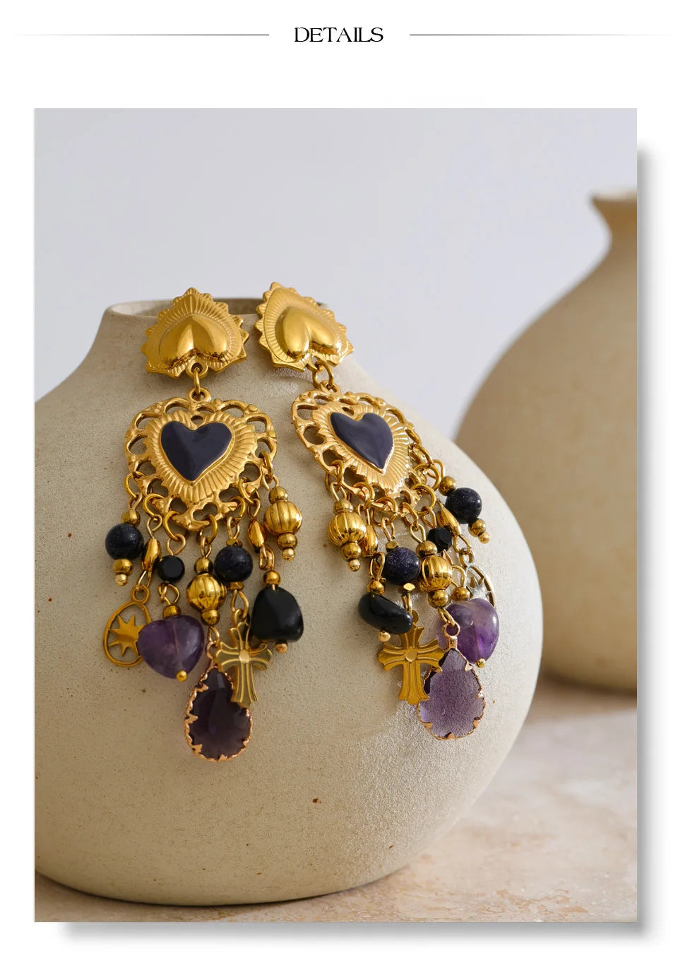 Resin Heart Cross Earrings — Gold-Plated Stainless Steel with Resin