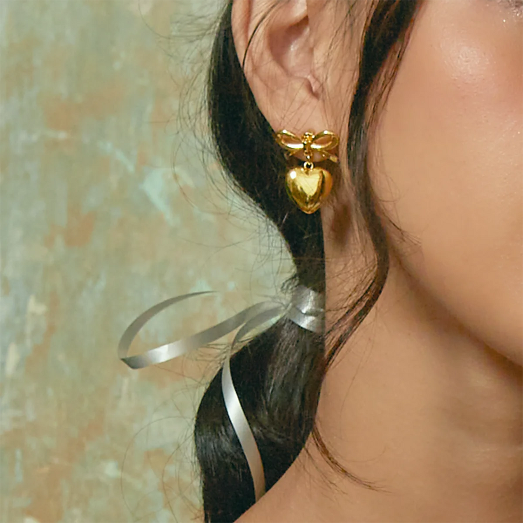 Bow Heart Drop Earrings — 316L Stainless Steel · PS069