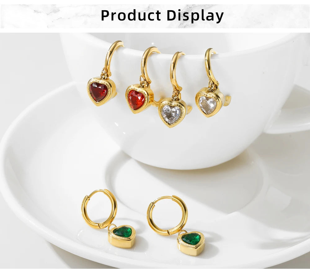 Dangle Earrings Zircon Crystal Heart Charm — 316L Stainless Steel · PS482