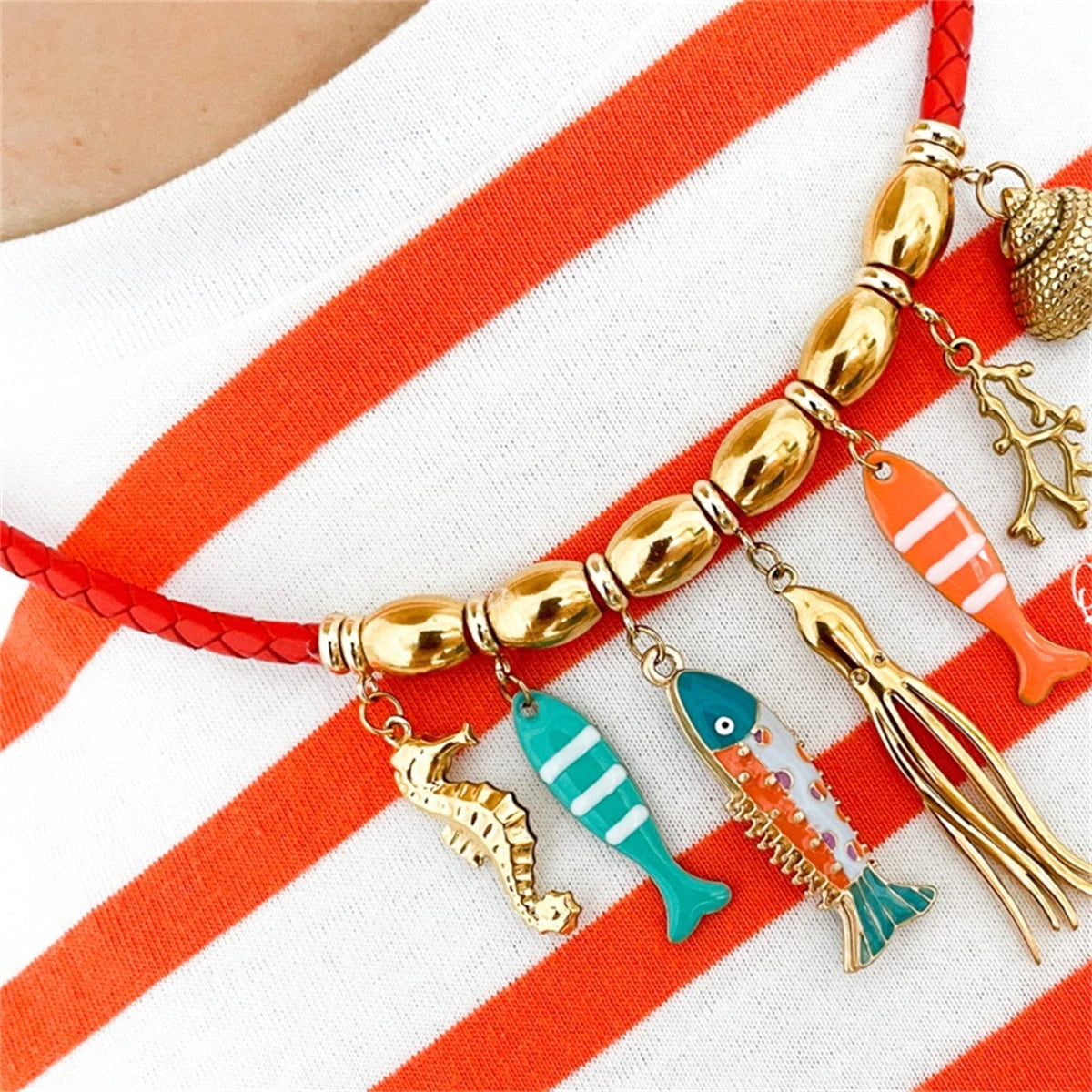 Seahorse Octopus Conch Clown Fish Multi Pendant Necklace Women's Gold Plated Color Preserved