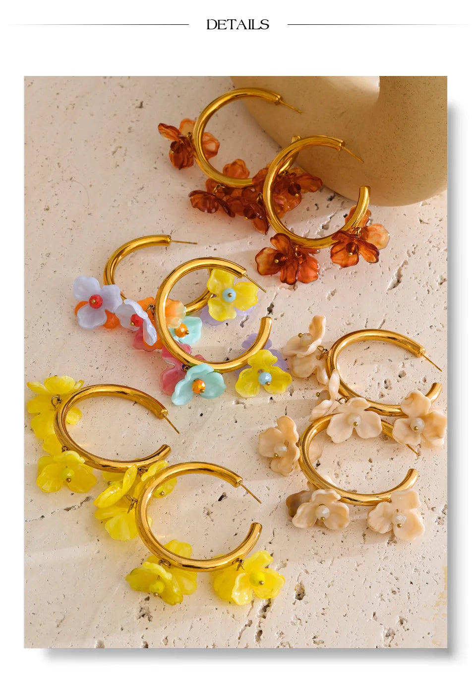 Resin flower multi-color earrings in gold-plated stainless steel with resin.