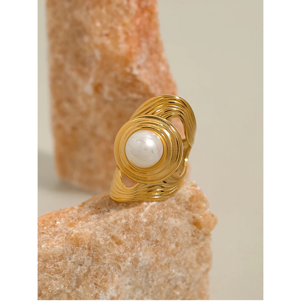 Wide Natural Stone Metal Texture Ring — 316L Stainless Steel · PS454
