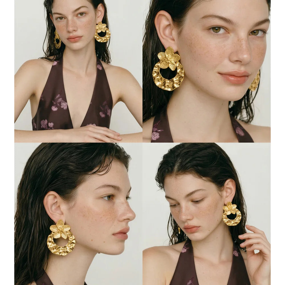 Flower Hammered Earrings — Gold-Plated Stainless Steel · PS1232