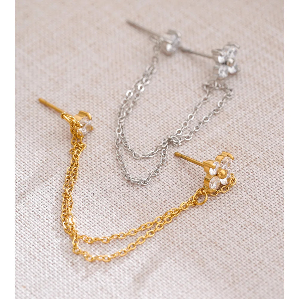 Cubic Zirconia Flower Geometric Earrings — Gold-Plated Stainless Steel with Cubic Zirconia · PS1650