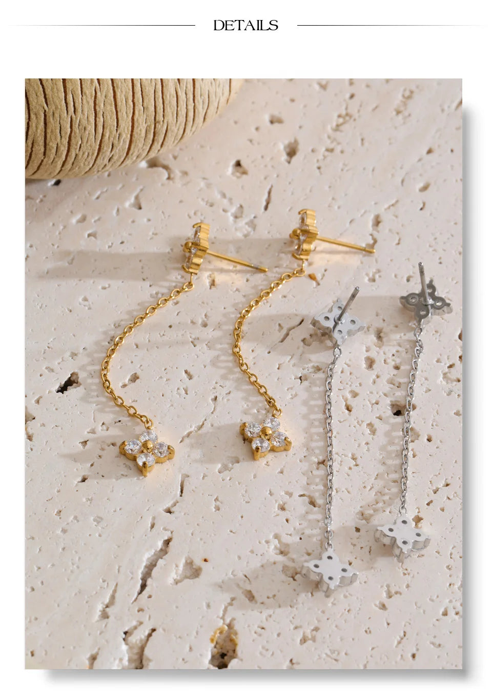 Cubic Zirconia Flower Chain Earrings — Gold-Plated Stainless Steel with Cubic Zirconia · PS1290