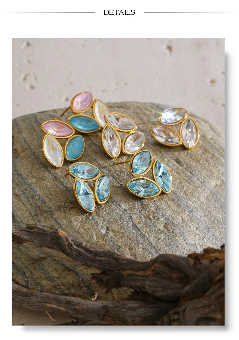 White crystal flower earrings in gold-plated stainless steel with crystal.
