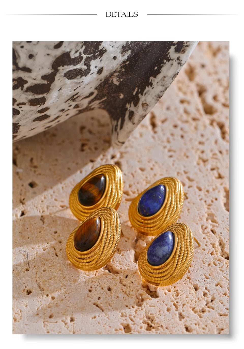 Natural stone geometric earrings in gold-plated stainless steel with natural stone.