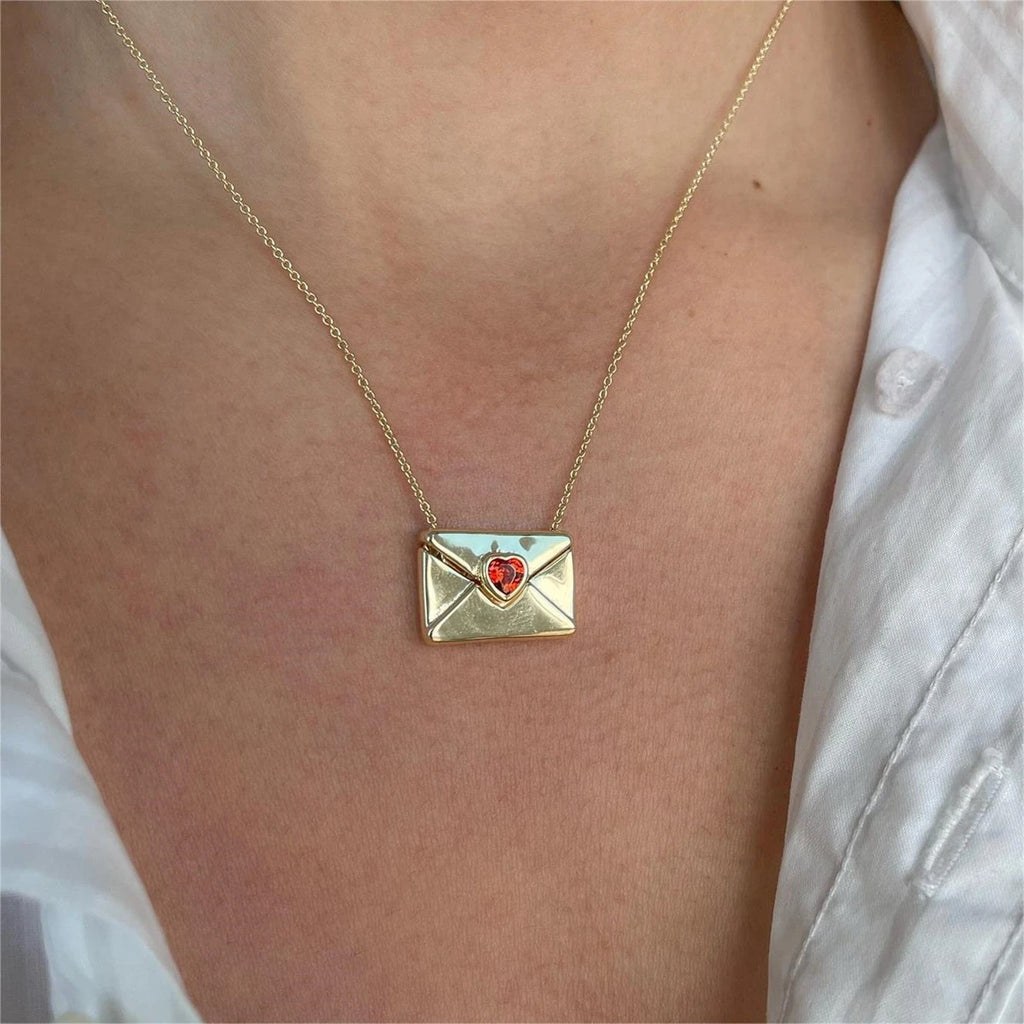 Valentine's Day Red Love Envelope Box Necklace Opening and Closing English Words I Love You Proverbs Necklace