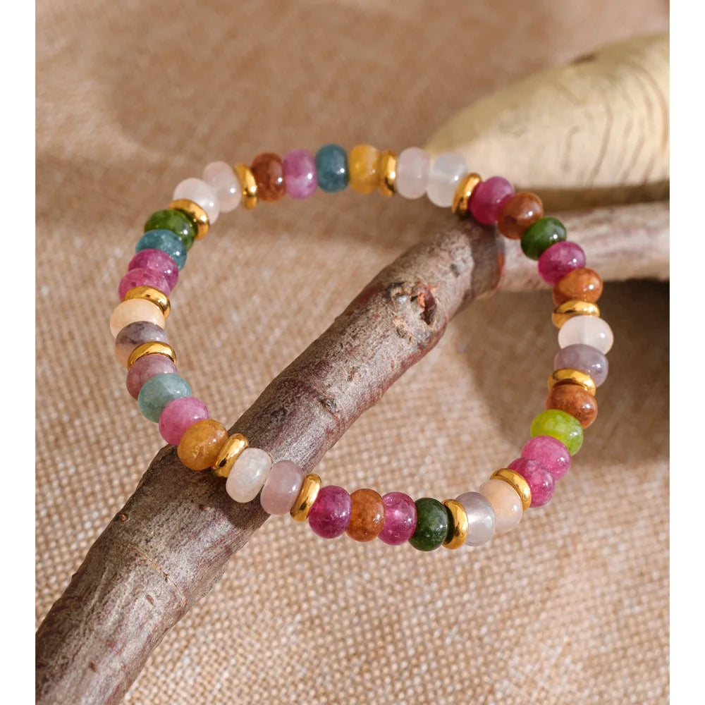 Natural Stone Beaded Geometric Bracelet — Gold-Plated Stainless Steel with Natural Stone · PS1579