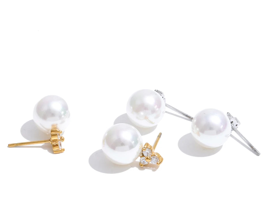 Cubic Zirconia Pearl Geometric Earrings — Gold-Plated Stainless Steel with Pearl and Cubic Zirconia · PS1862