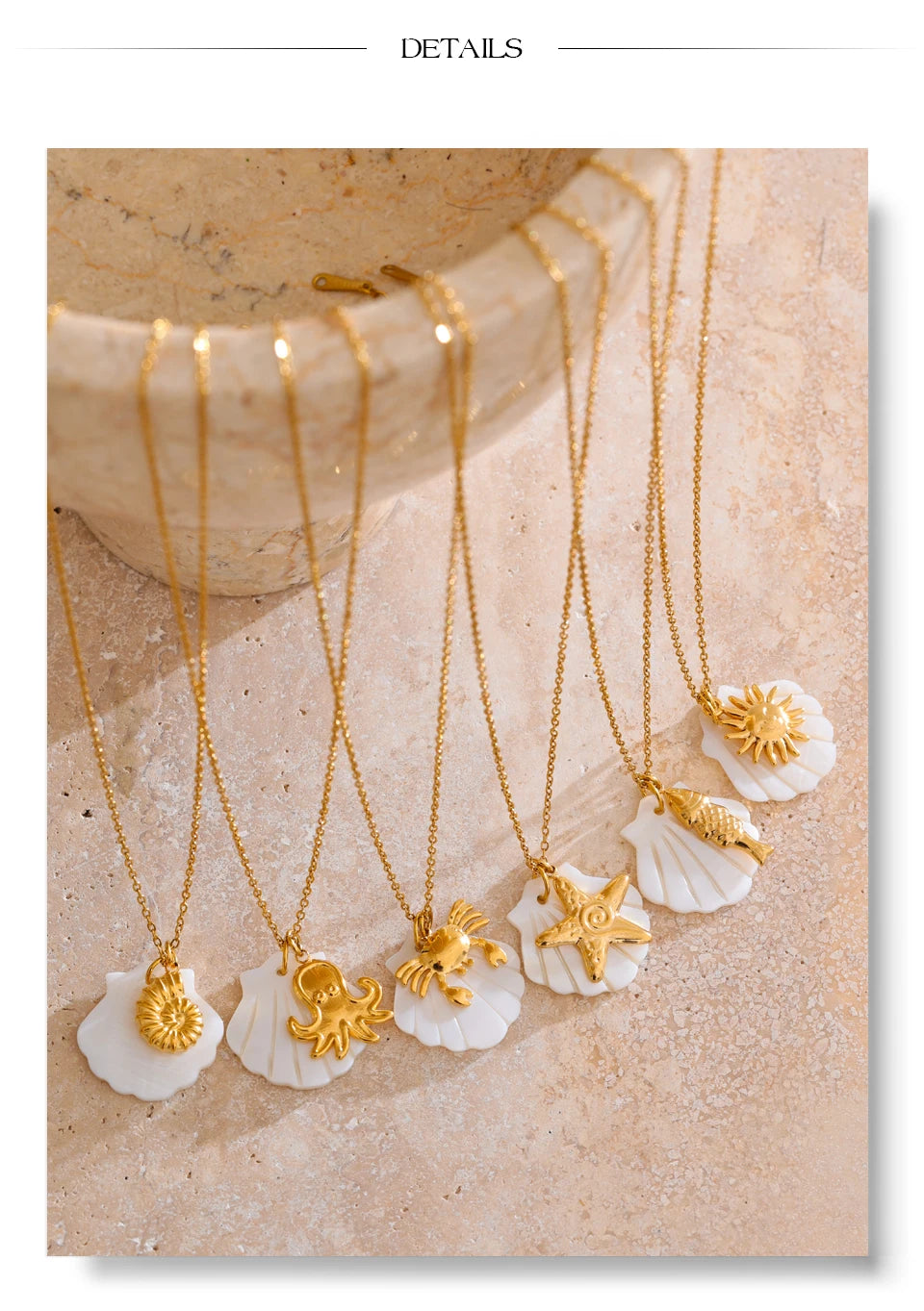 Shell star geometric necklace in gold-plated stainless steel with shell.