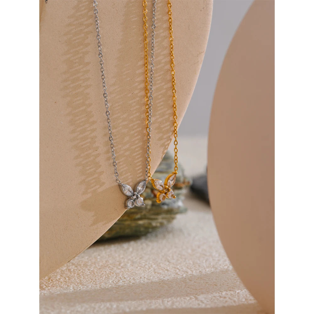 Cubic zirconia butterfly necklace in gold-plated stainless steel with cubic zirconia.