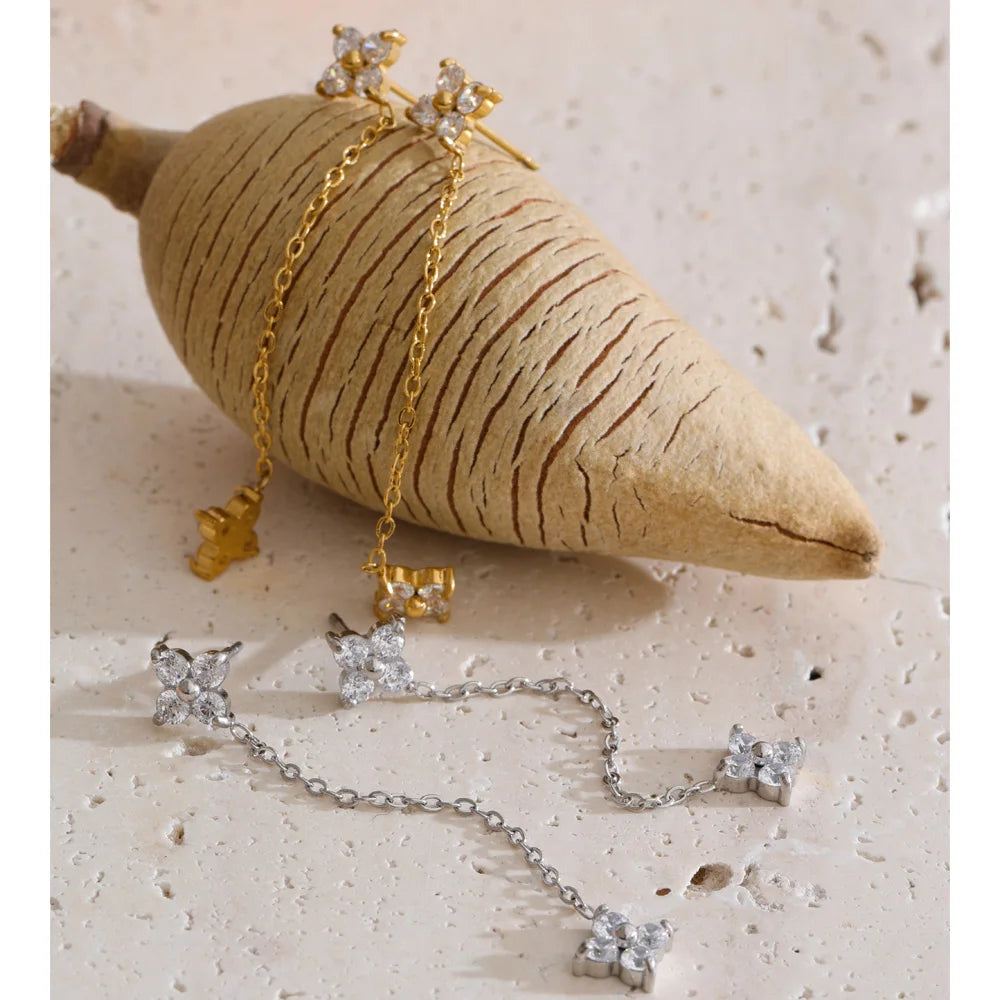 Cubic Zirconia Flower Chain Earrings — Gold-Plated Stainless Steel with Cubic Zirconia · PS1290