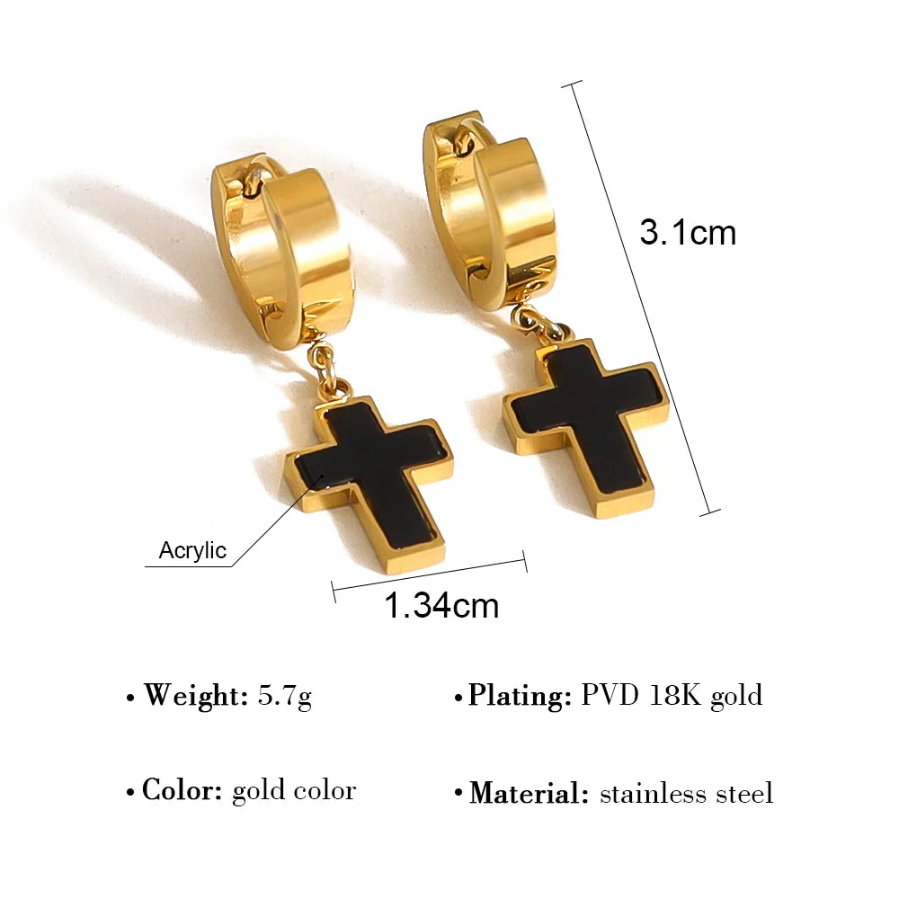 Cross Huggie Earrings Black Acrylic Charm — 316L Stainless Steel · PS456