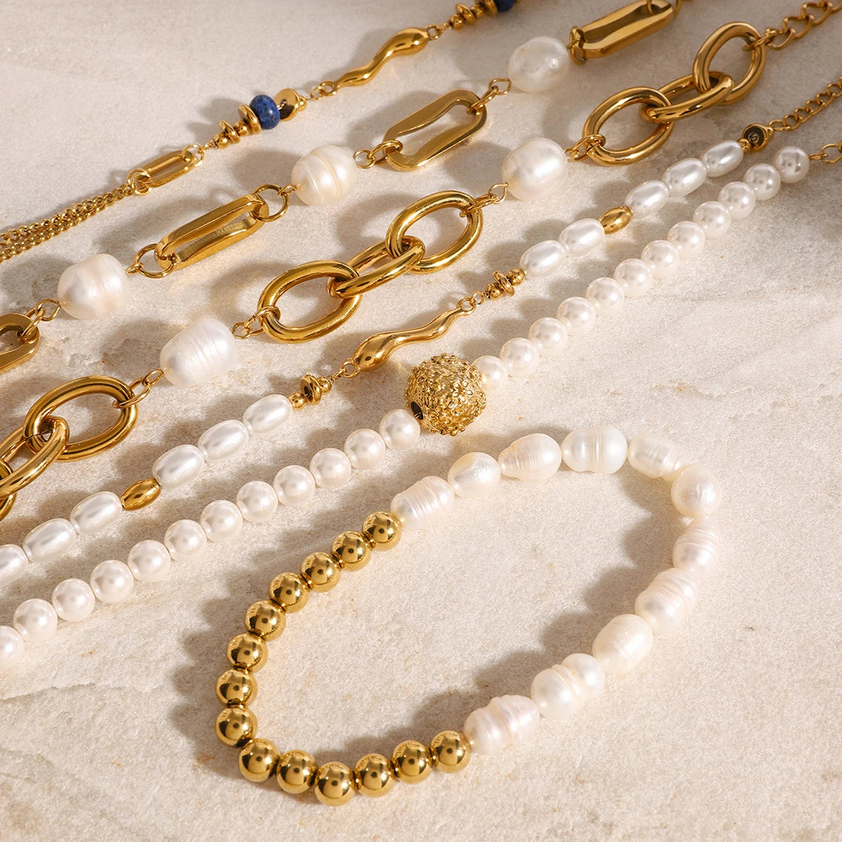Pearl Chain Bracelet Stack — Stainless Steel · PS025