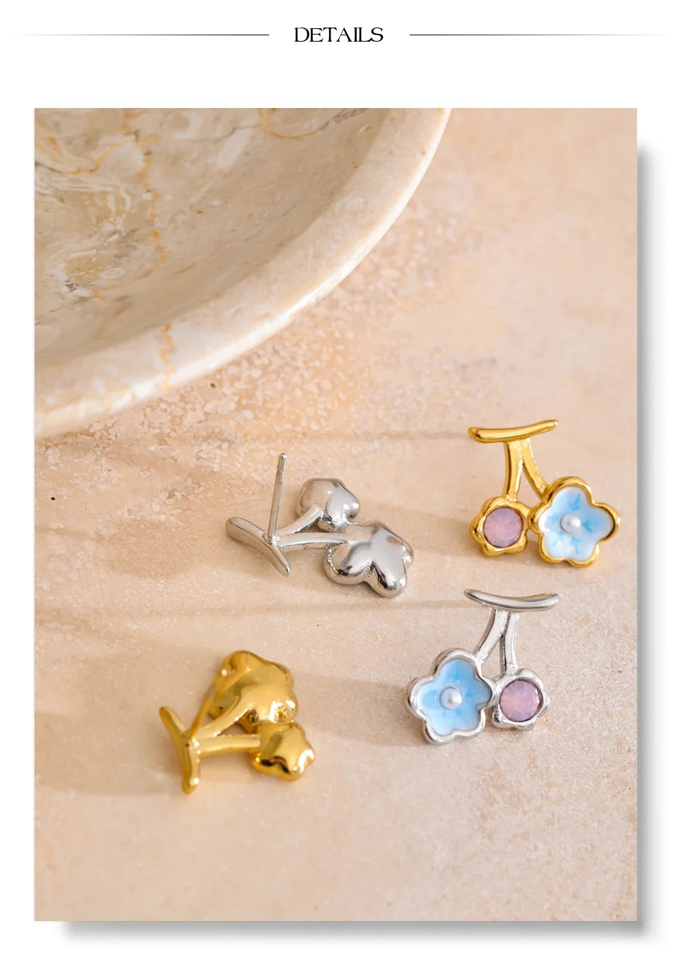 Pearl enamel flower earrings in gold-plated stainless steel with pearl and enamel.