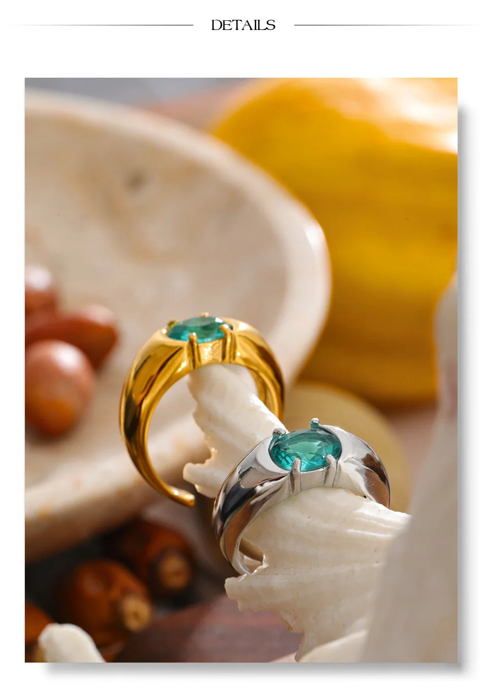 White cubic zirconia geometric ring in 18K gold-plated stainless steel with cubic zirconia.